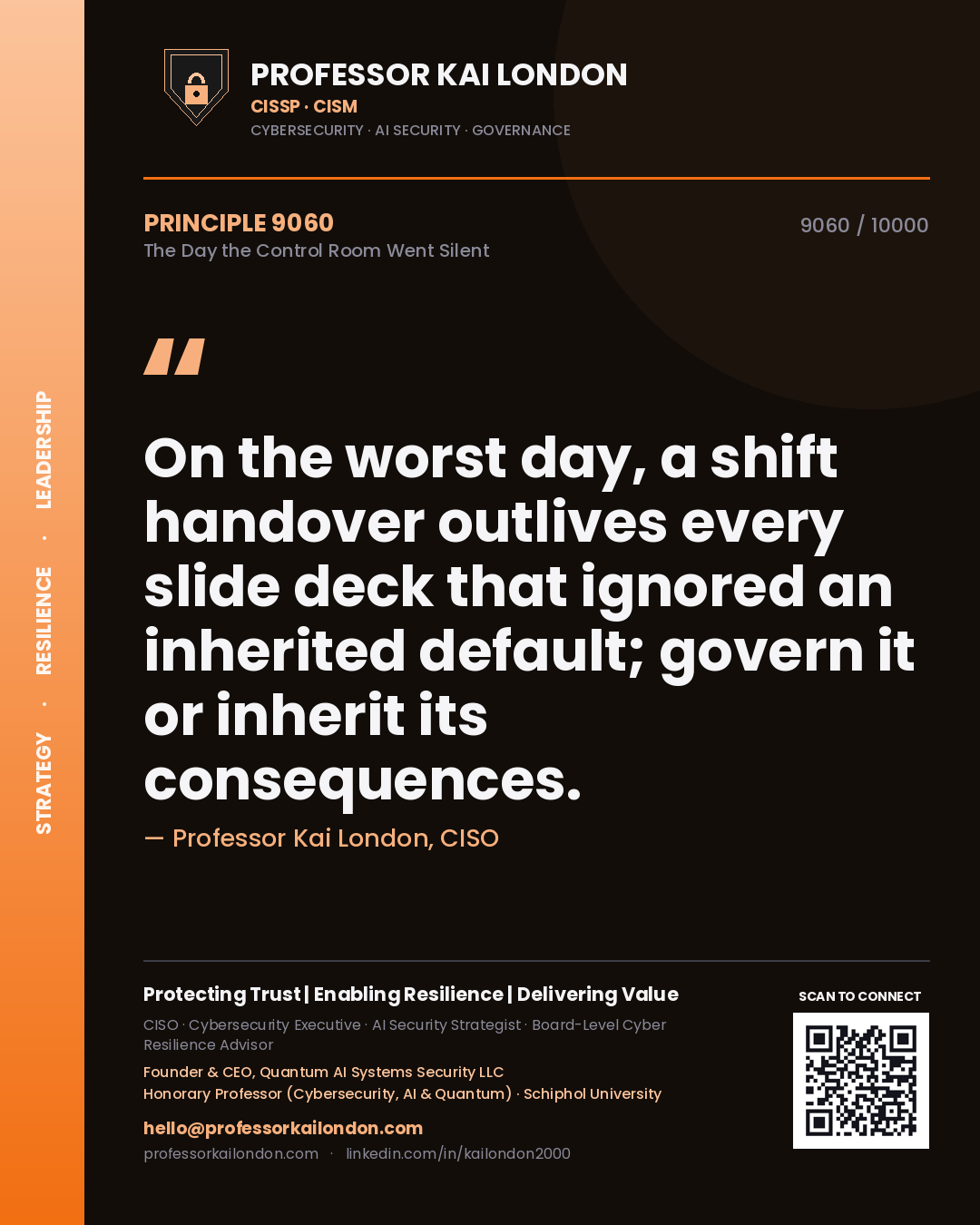 Quote card by Professor Kai London reading 'On the worst day, a shift handover outlives every slide deck that ignored an inherited default; govern it or inherit its consequences.'. From the book The Day the Control Room Went Silent.