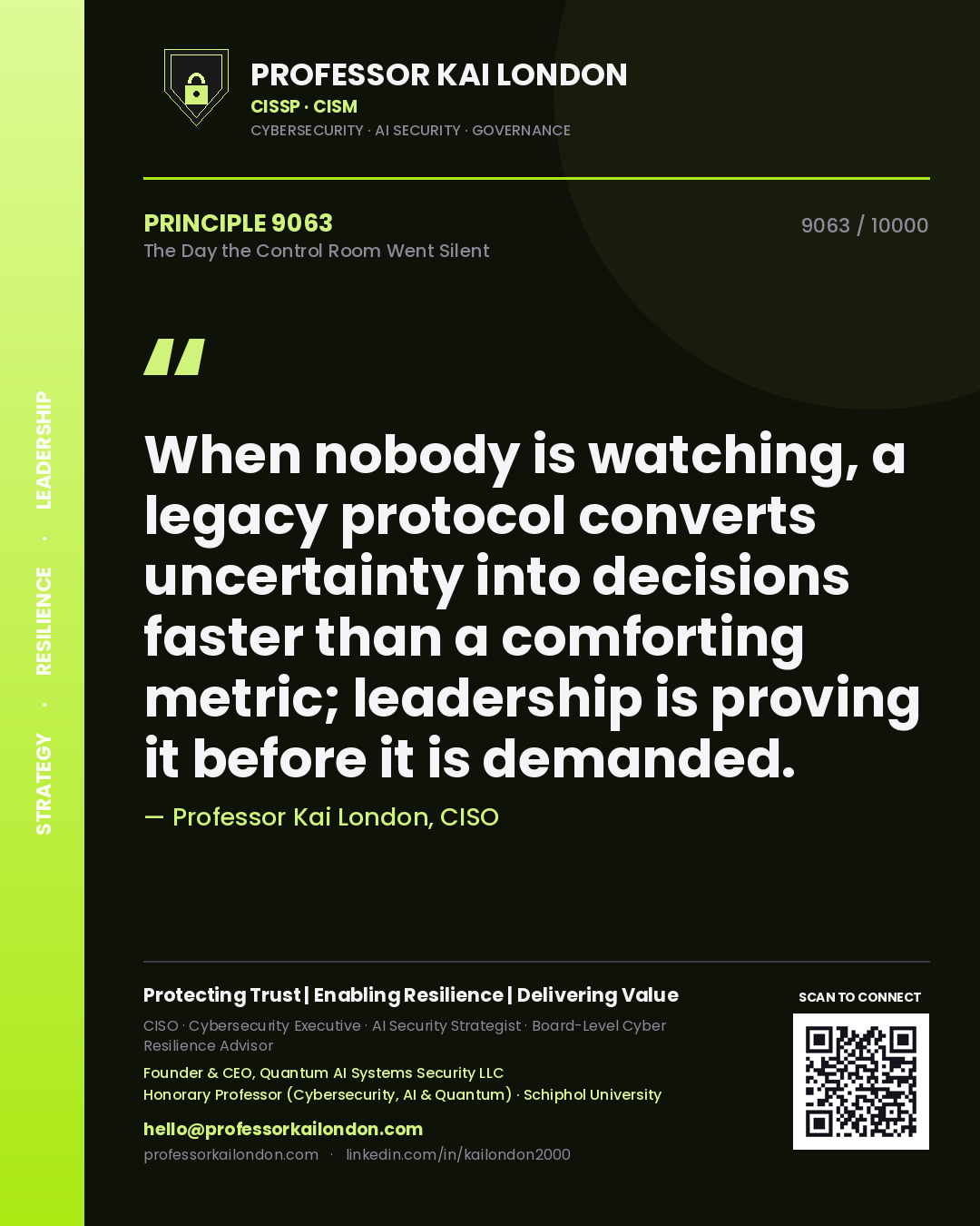 Quote card by Professor Kai London reading 'When nobody is watching, a legacy protocol converts uncertainty into decisions faster than a comforting metric; leadership is proving it before it is demanded.'. From the book The Day the Control Room Went Silent.