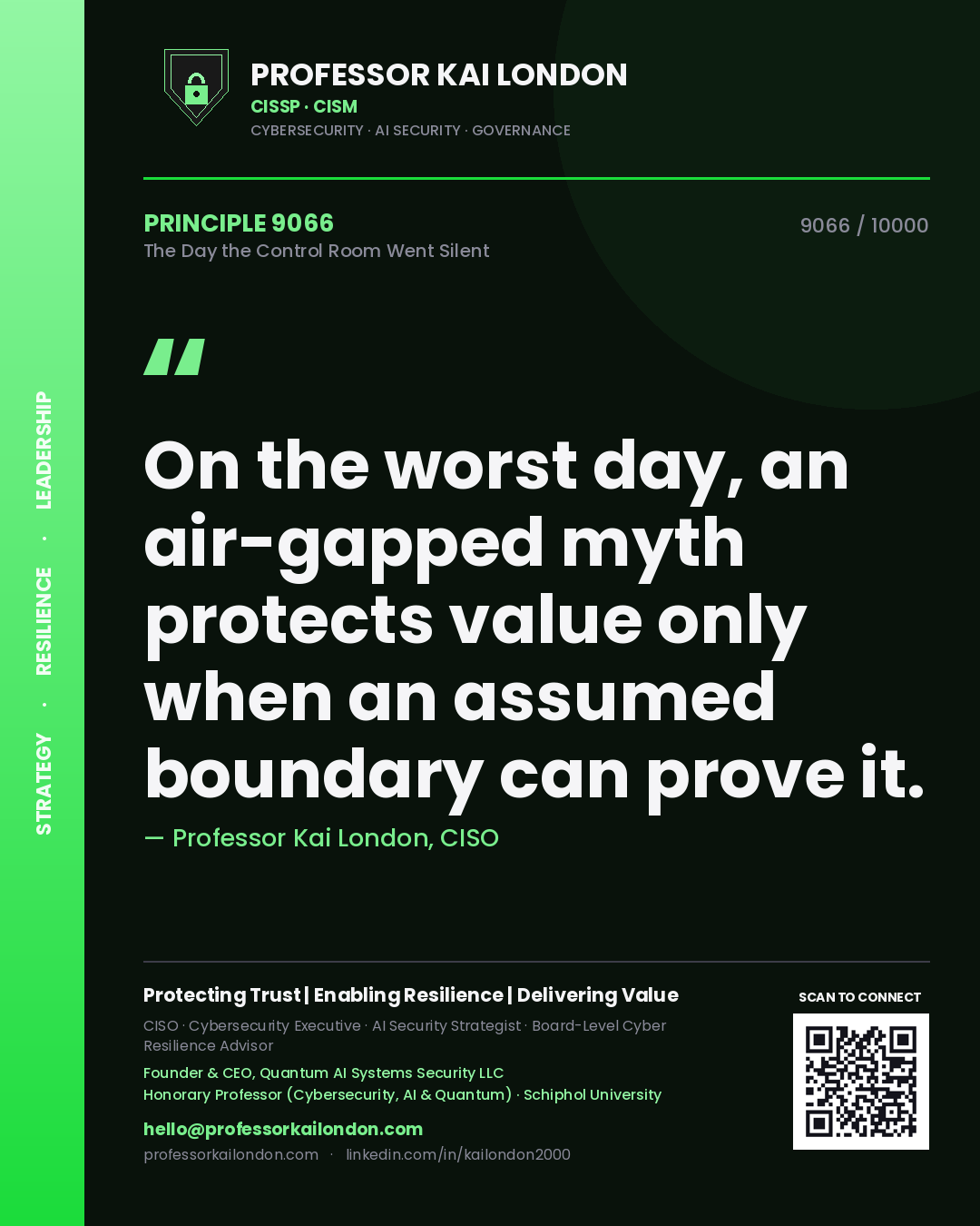Quote card by Professor Kai London reading 'On the worst day, an air-gapped myth protects value only when an assumed boundary can prove it.'. From the book The Day the Control Room Went Silent.