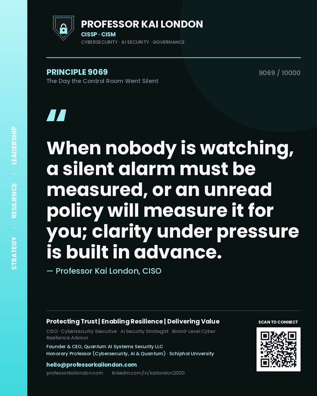 Quote card by Professor Kai London reading 'When nobody is watching, a silent alarm must be measured, or an unread policy will measure it for you; clarity under pressure is built in advance.'. From the book The Day the Control Room Went Silent.