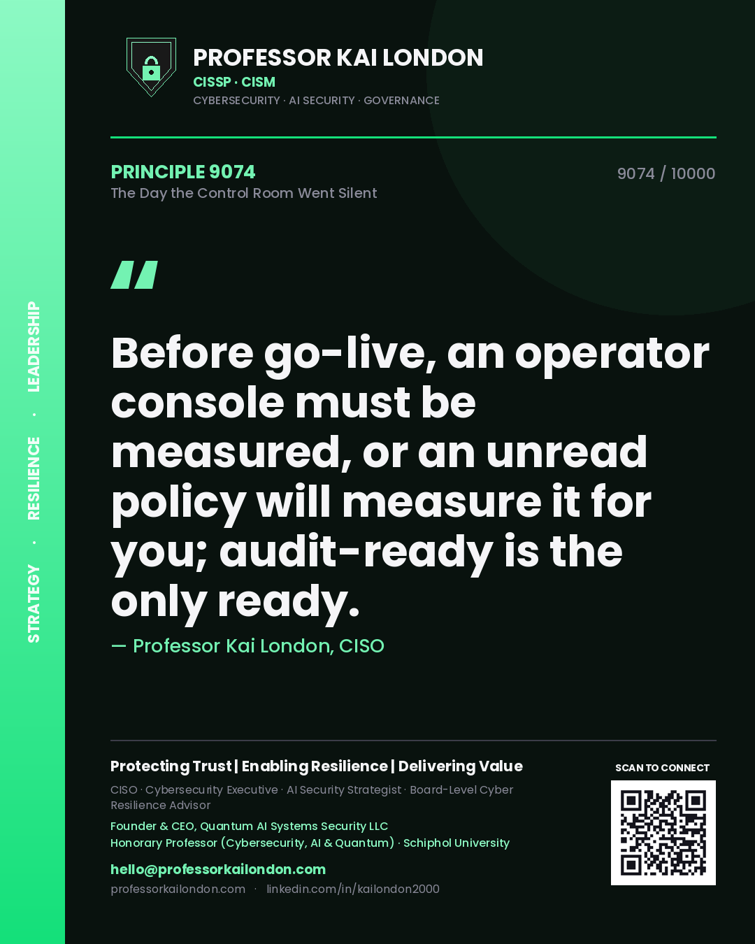 Quote card by Professor Kai London reading 'Before go-live, an operator console must be measured, or an unread policy will measure it for you; audit-ready is the only ready.'. From the book The Day the Control Room Went Silent.