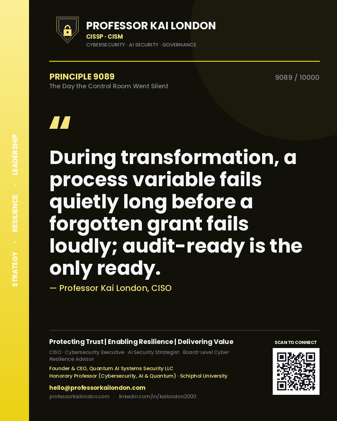 Quote card by Professor Kai London reading 'During transformation, a process variable fails quietly long before a forgotten grant fails loudly; audit-ready is the only ready.'. From the book The Day the Control Room Went Silent.