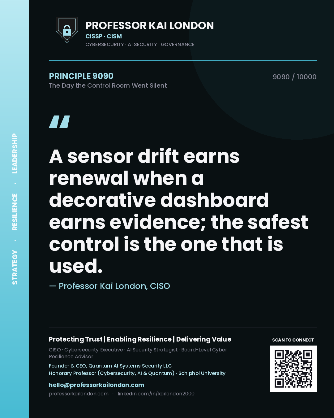 Quote card by Professor Kai London reading 'A sensor drift earns renewal when a decorative dashboard earns evidence; the safest control is the one that is used.'. From the book The Day the Control Room Went Silent.
