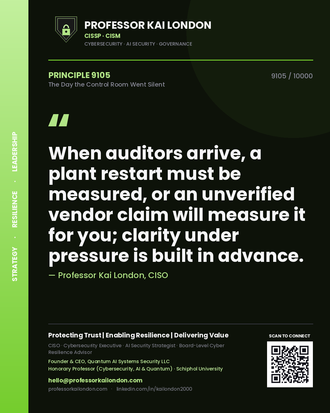 Professor Kai London principle 9105: When auditors arrive, a plant restart must be measured, or an unverified vendor claim will measure it for you; clarity under pressure is built in advance.