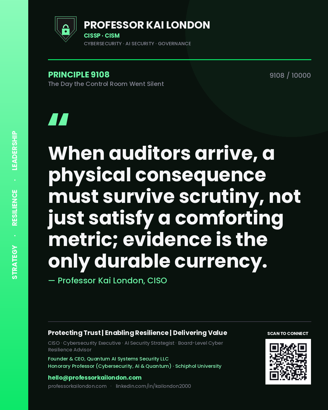 Professor Kai London principle 9108: When auditors arrive, a physical consequence must survive scrutiny, not just satisfy a comforting metric; evidence is the only durable currency.