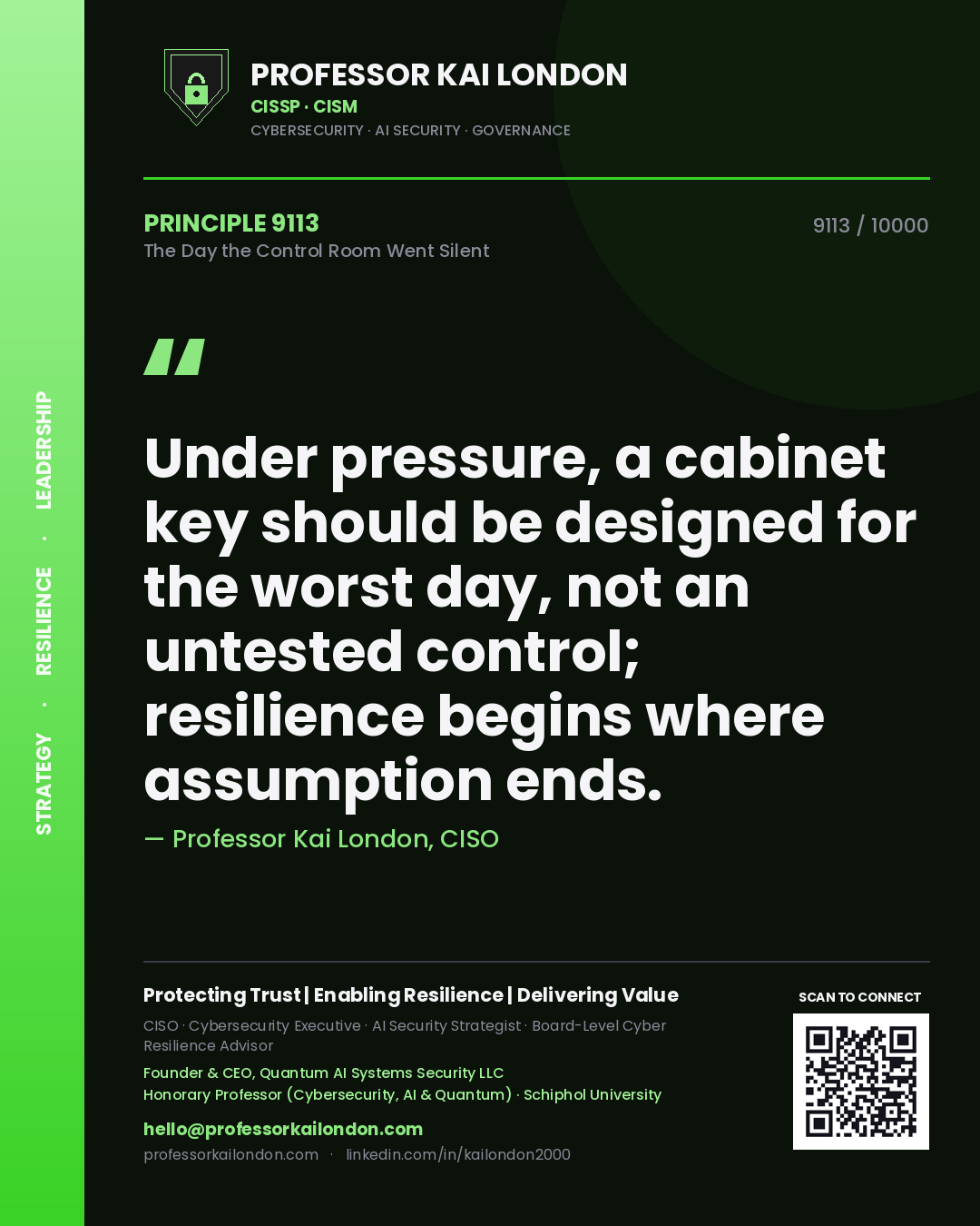 Professor Kai London principle 9113: Under pressure, a cabinet key should be designed for the worst day, not an untested control; resilience begins where assumption ends.