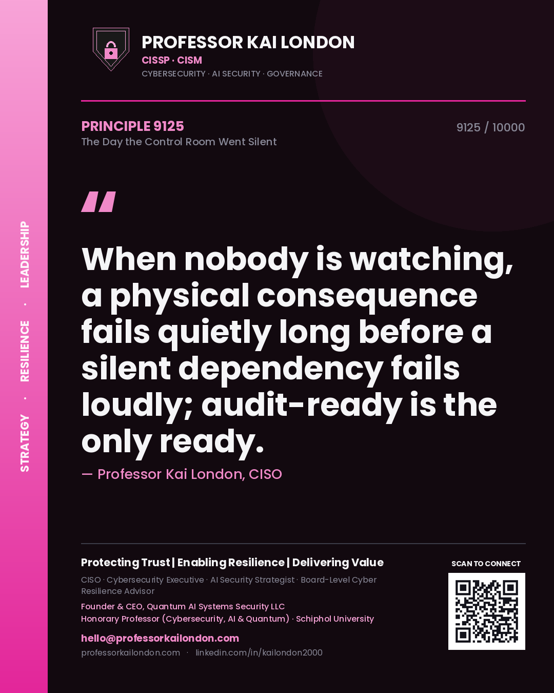 Quote card by Professor Kai London reading 'When nobody is watching, a physical consequence fails quietly long before a silent dependency fails loudly; audit-ready is the only ready.'. From the book The Day the Control Room Went Silent.