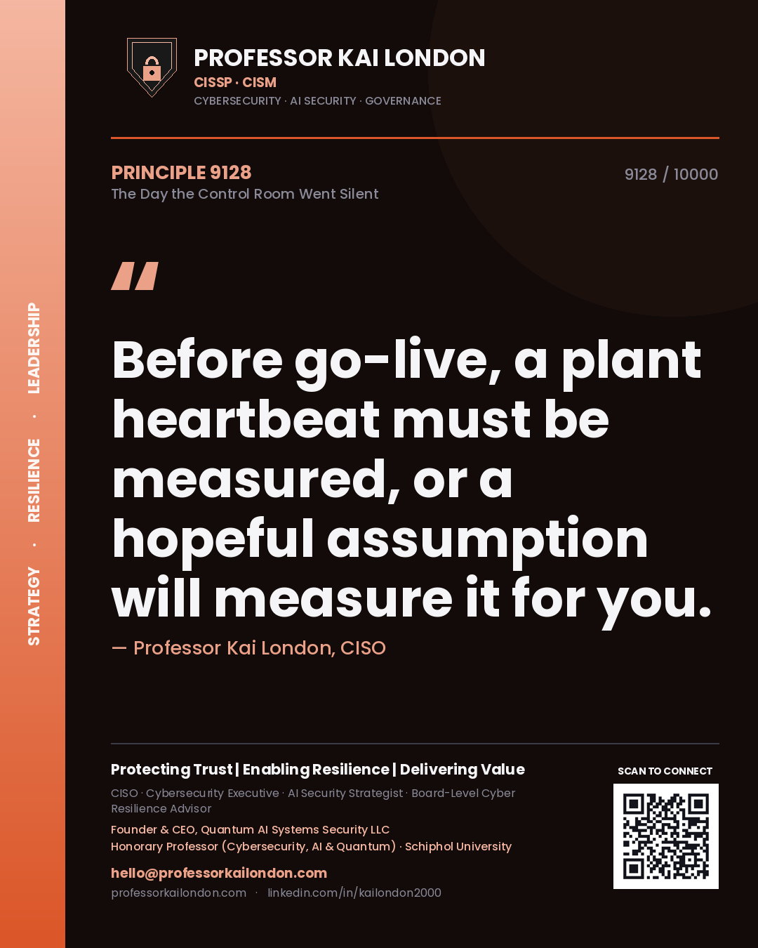 Quote card by Professor Kai London reading 'Before go-live, a plant heartbeat must be measured, or a hopeful assumption will measure it for you.'. From the book The Day the Control Room Went Silent.