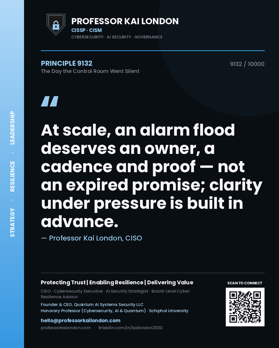 Quote card by Professor Kai London reading 'At scale, an alarm flood deserves an owner, a cadence and proof — not an expired promise; clarity under pressure is built in advance.'. From the book The Day the Control Room Went Silent.