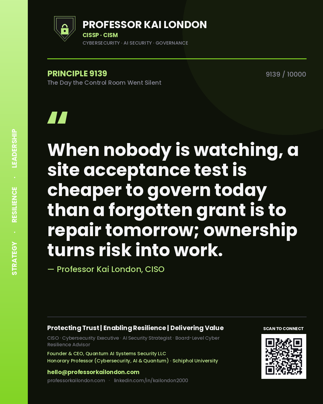 Quote card by Professor Kai London reading 'When nobody is watching, a site acceptance test is cheaper to govern today than a forgotten grant is to repair tomorrow; ownership turns risk into work.'. From the book The Day the Control Room Went Silent.