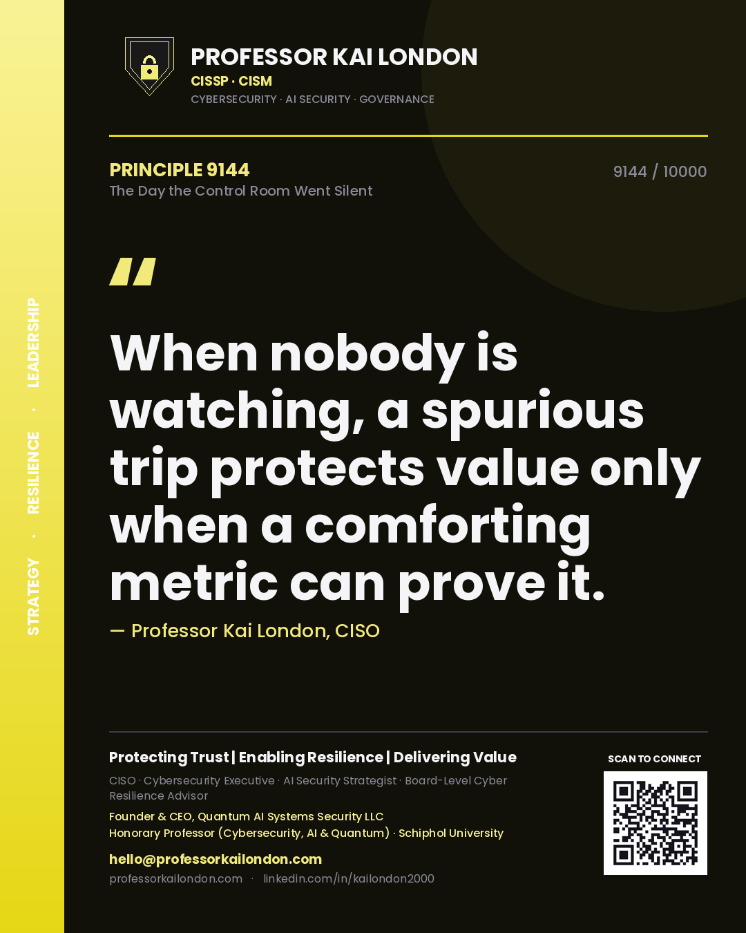 Professor Kai London principle 9144: When nobody is watching, a spurious trip protects value only when a comforting metric can prove it.