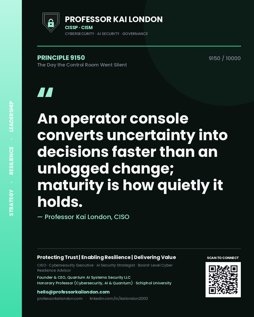 Quote card by Professor Kai London reading 'An operator console converts uncertainty into decisions faster than an unlogged change; maturity is how quietly it holds.'. From the book The Day the Control Room Went Silent.