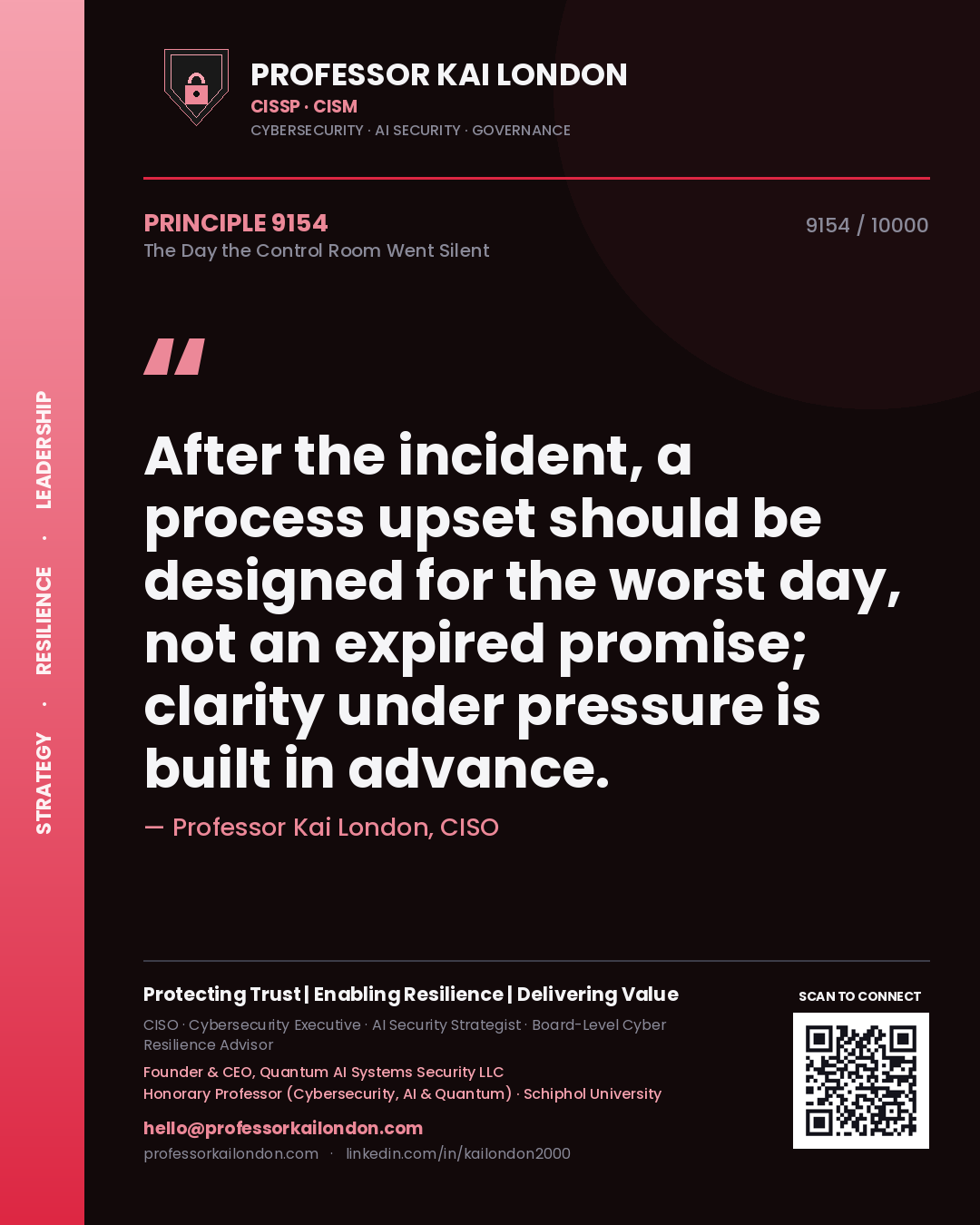 Quote card by Professor Kai London reading 'After the incident, a process upset should be designed for the worst day, not an expired promise; clarity under pressure is built in advance.'. From the book The Day the Control Room Went Silent.