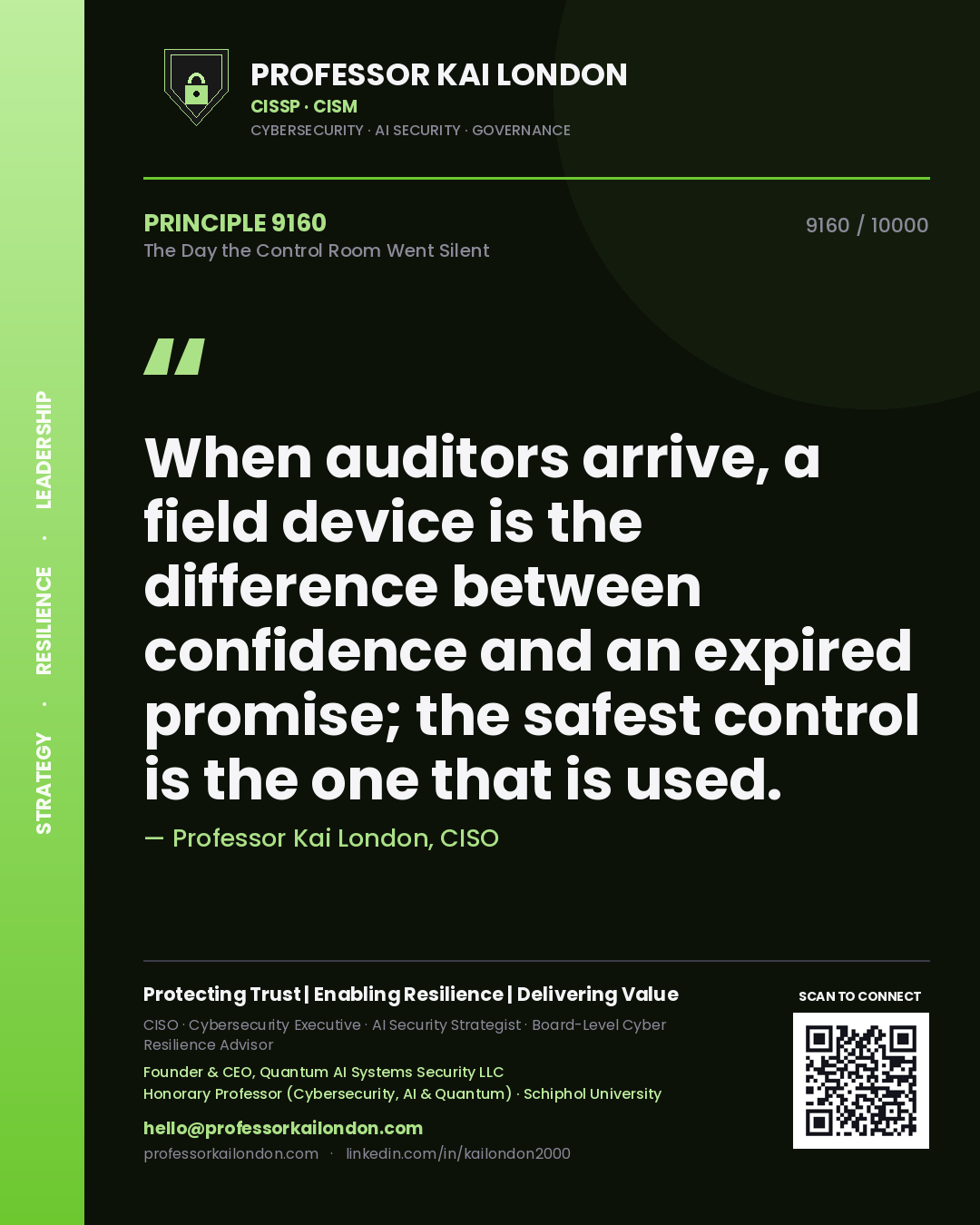 Professor Kai London principle 9160: When auditors arrive, a field device is the difference between confidence and an expired promise; the safest control is the one that is used.