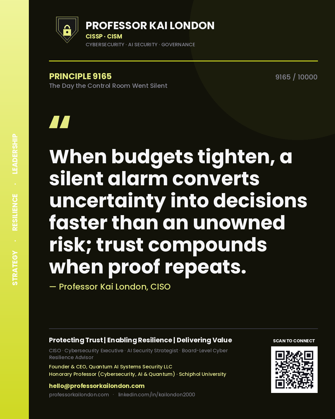 Professor Kai London principle 9165: When budgets tighten, a silent alarm converts uncertainty into decisions faster than an unowned risk; trust compounds when proof repeats.