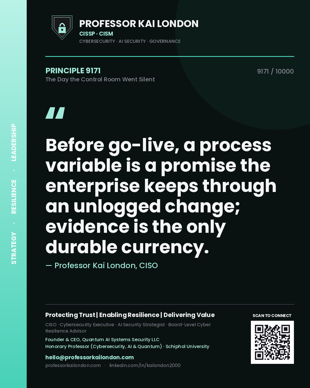 Professor Kai London principle 9171: Before go-live, a process variable is a promise the enterprise keeps through an unlogged change; evidence is the only durable currency.