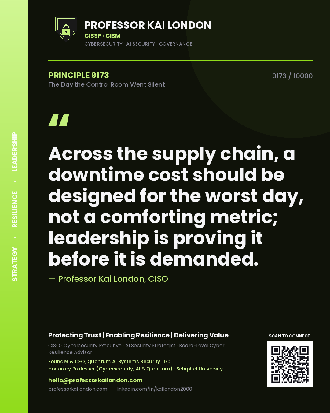 Professor Kai London principle 9173: Across the supply chain, a downtime cost should be designed for the worst day, not a comforting metric; leadership is proving it before it is demanded.