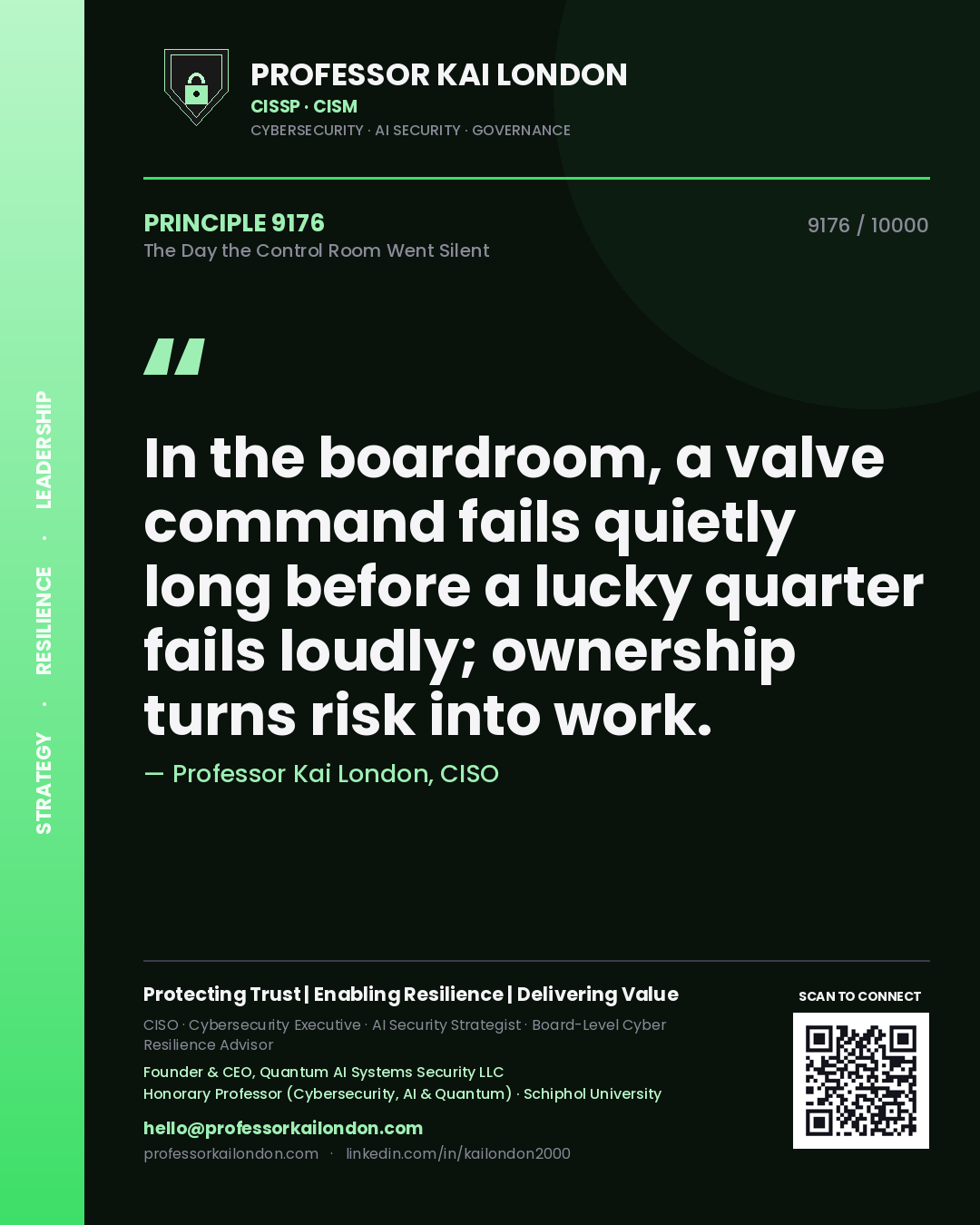 Professor Kai London principle 9176: In the boardroom, a valve command fails quietly long before a lucky quarter fails loudly; ownership turns risk into work.