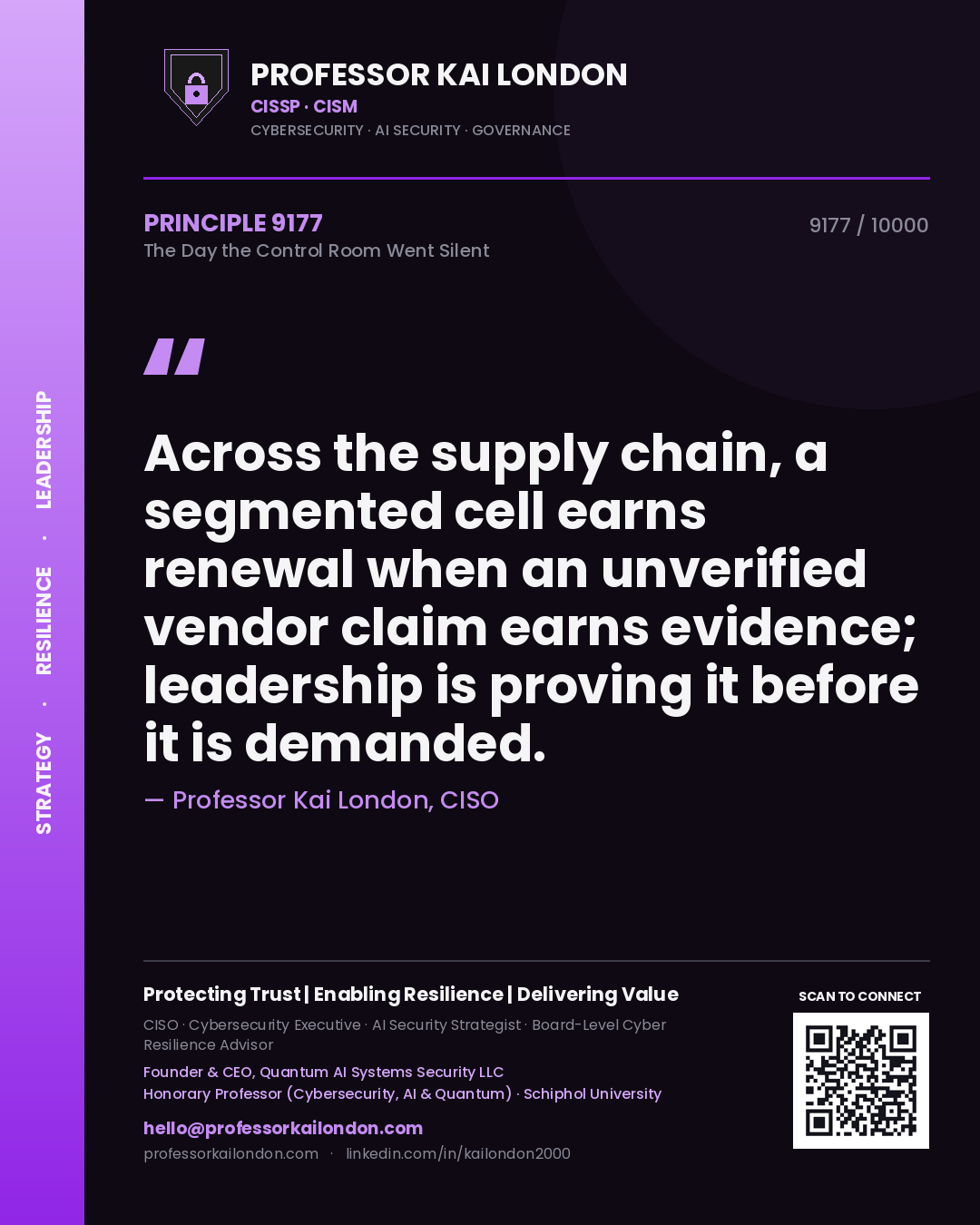 Professor Kai London principle 9177: Across the supply chain, a segmented cell earns renewal when an unverified vendor claim earns evidence; leadership is proving it before it is demanded.