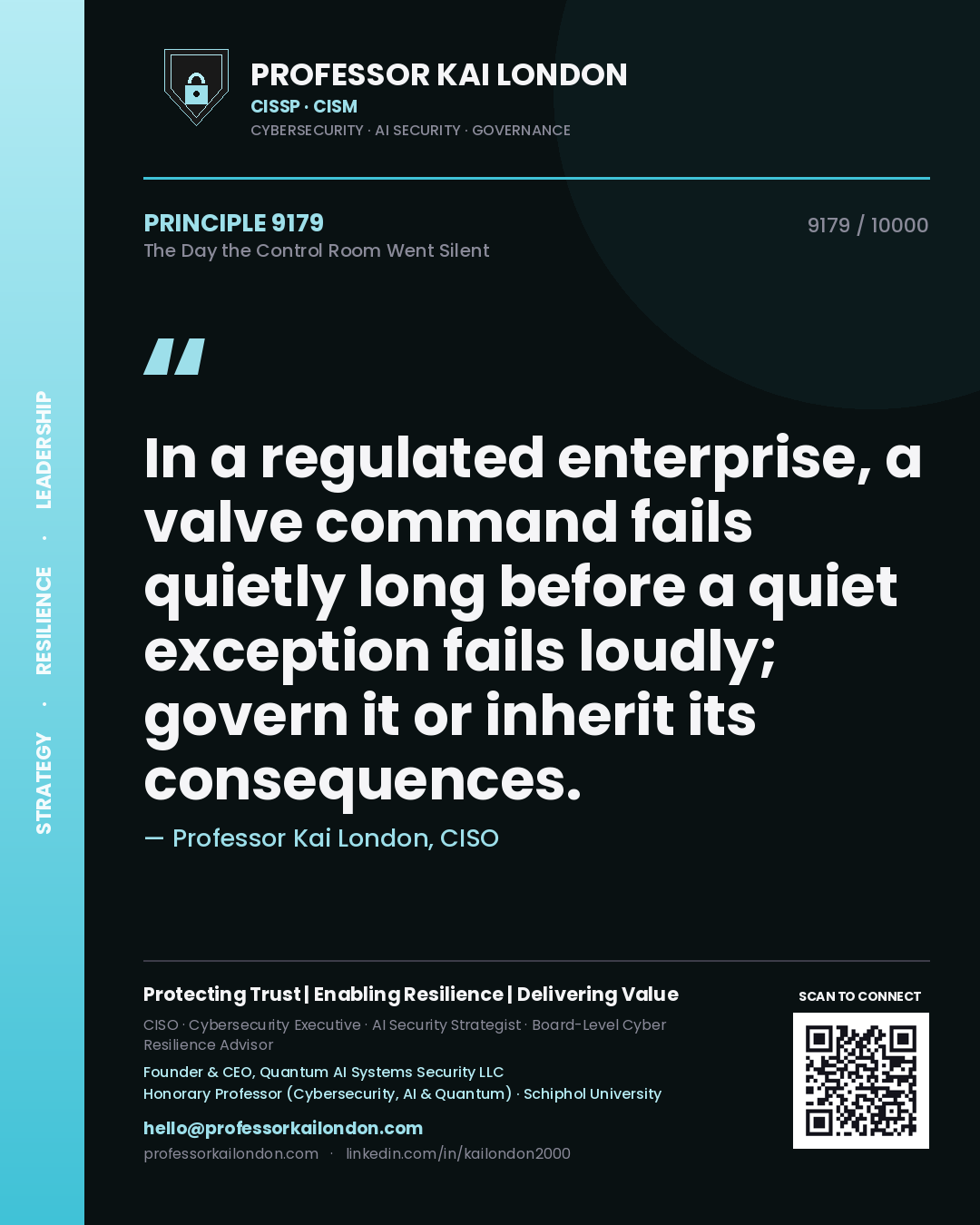 Quote card by Professor Kai London reading 'In a regulated enterprise, a valve command fails quietly long before a quiet exception fails loudly; govern it or inherit its consequences.'. From the book The Day the Control Room Went Silent.