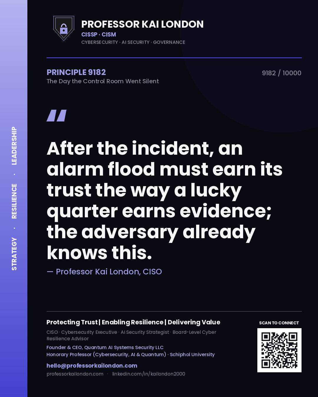 Professor Kai London principle 9182: After the incident, an alarm flood must earn its trust the way a lucky quarter earns evidence; the adversary already knows this.