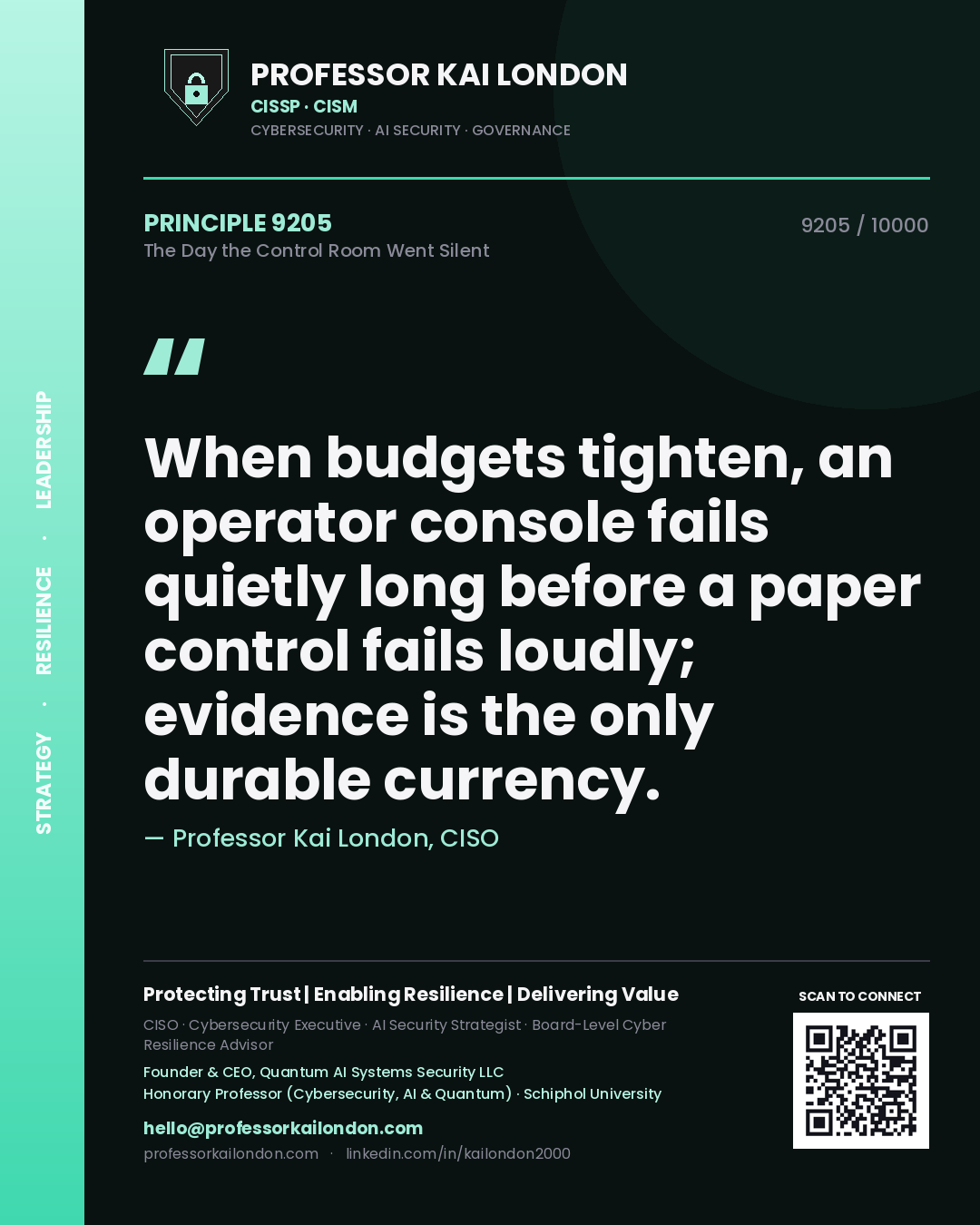 Quote card by Professor Kai London reading 'When budgets tighten, an operator console fails quietly long before a paper control fails loudly; evidence is the only durable currency.'. From the book The Day the Control Room Went Silent.