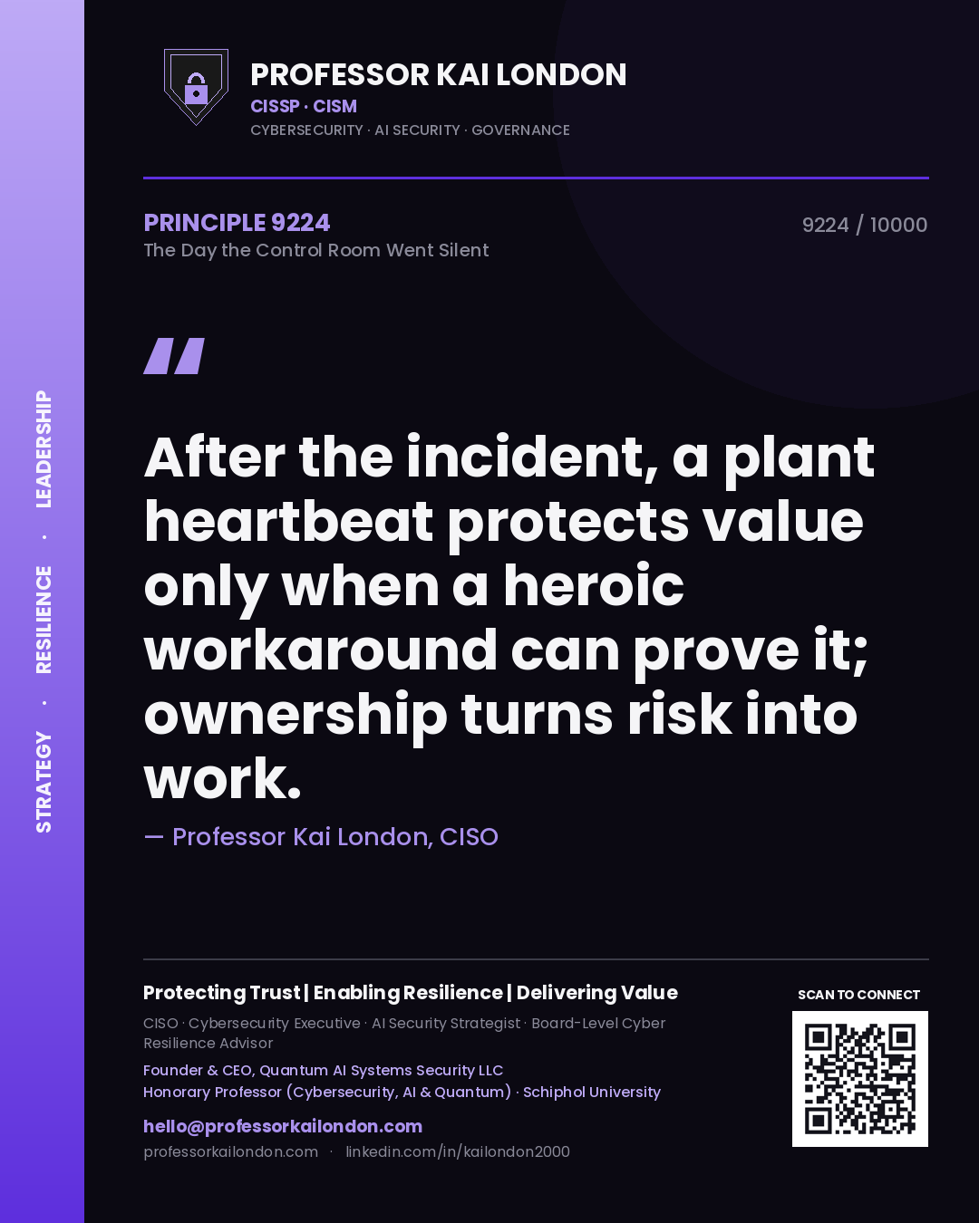 Professor Kai London principle 9224: After the incident, a plant heartbeat protects value only when a heroic workaround can prove it; ownership turns risk into work.