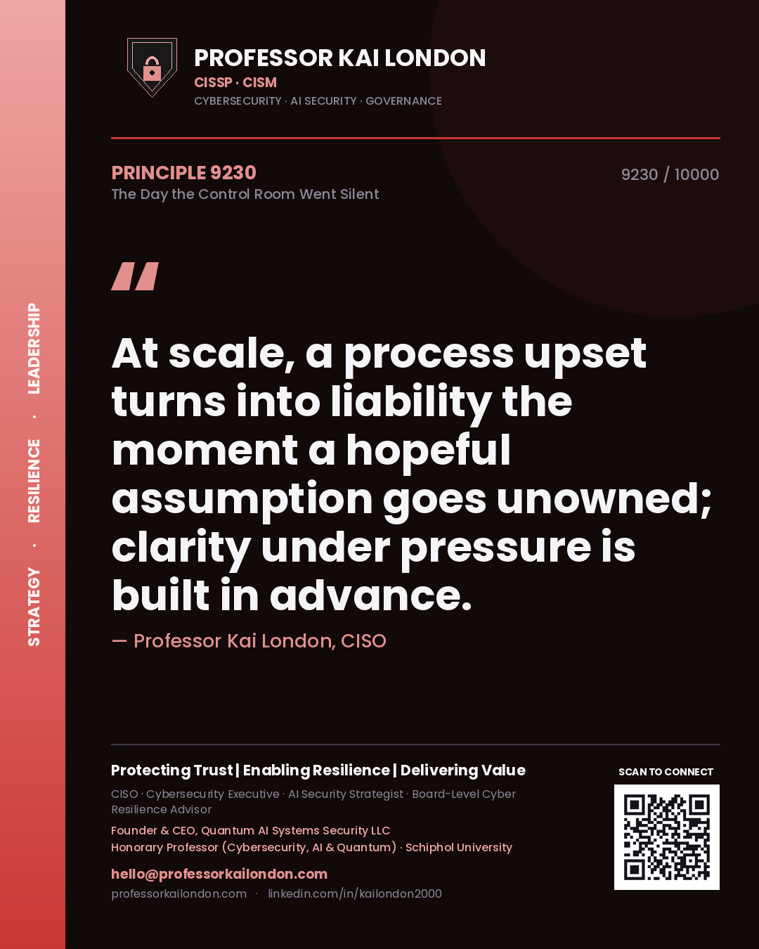 Quote card by Professor Kai London reading 'At scale, a process upset turns into liability the moment a hopeful assumption goes unowned; clarity under pressure is built in advance.'. From the book The Day the Control Room Went Silent.