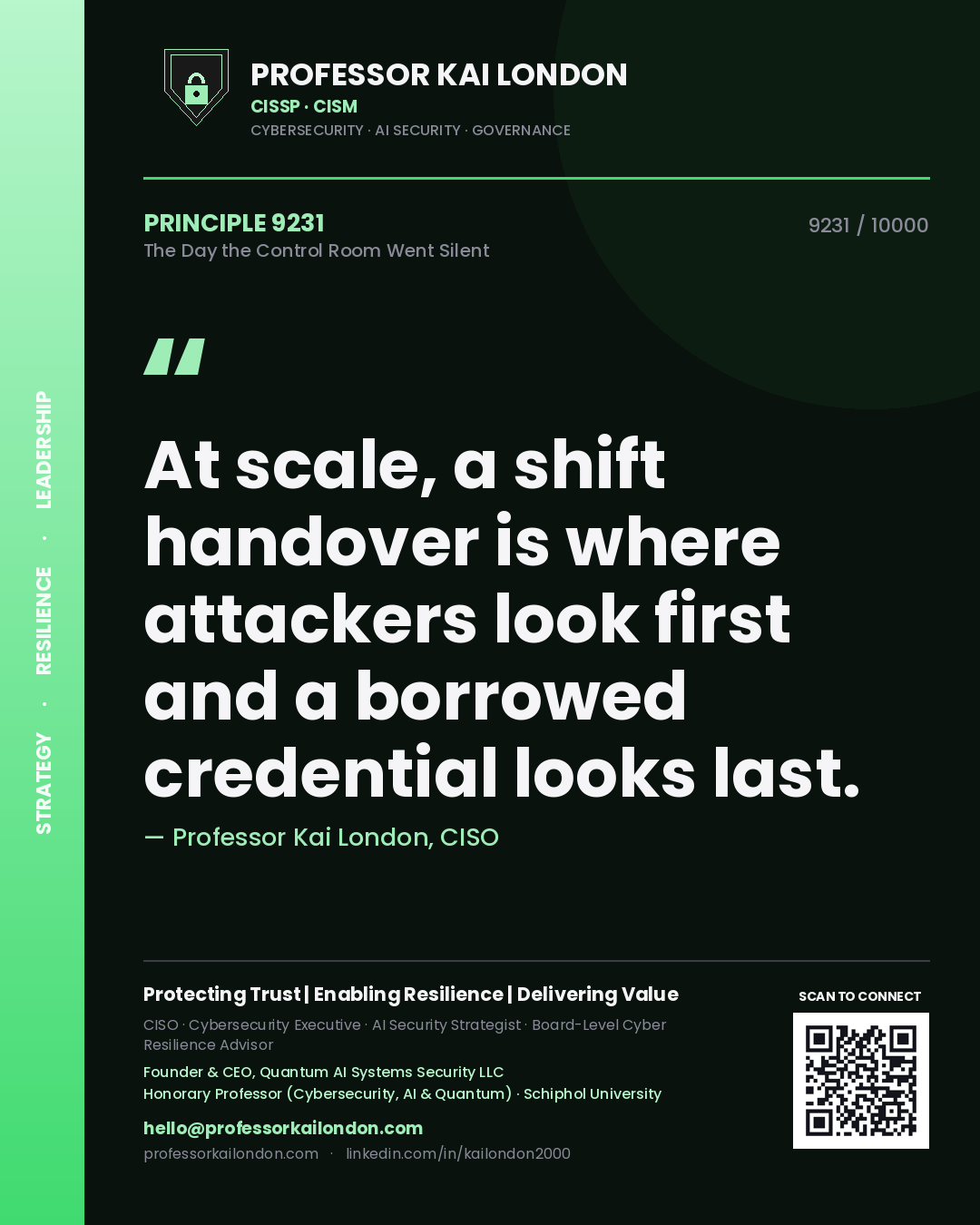 Quote card by Professor Kai London reading 'At scale, a shift handover is where attackers look first and a borrowed credential looks last.'. From the book The Day the Control Room Went Silent.