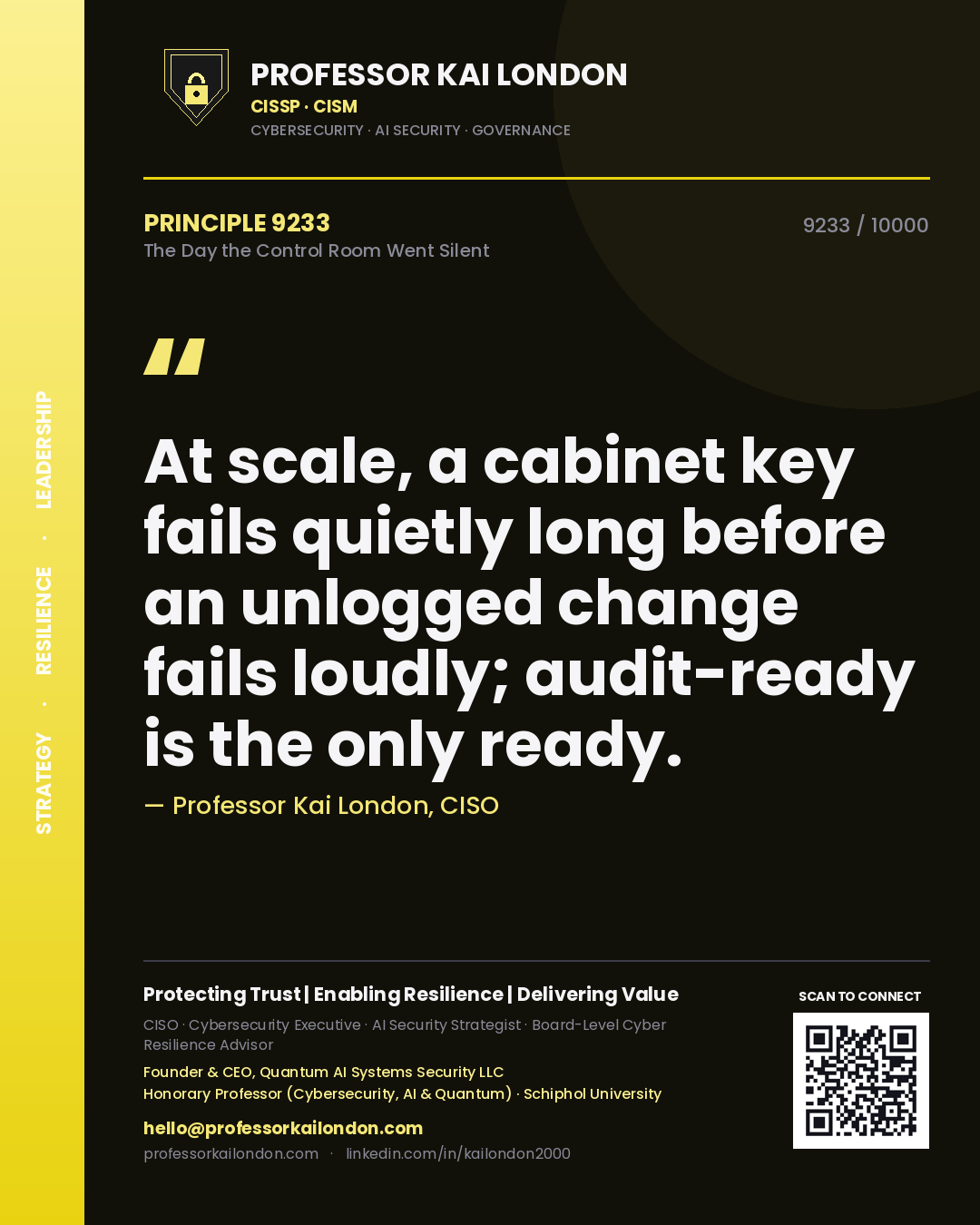 Quote card by Professor Kai London reading 'At scale, a cabinet key fails quietly long before an unlogged change fails loudly; audit-ready is the only ready.'. From the book The Day the Control Room Went Silent.
