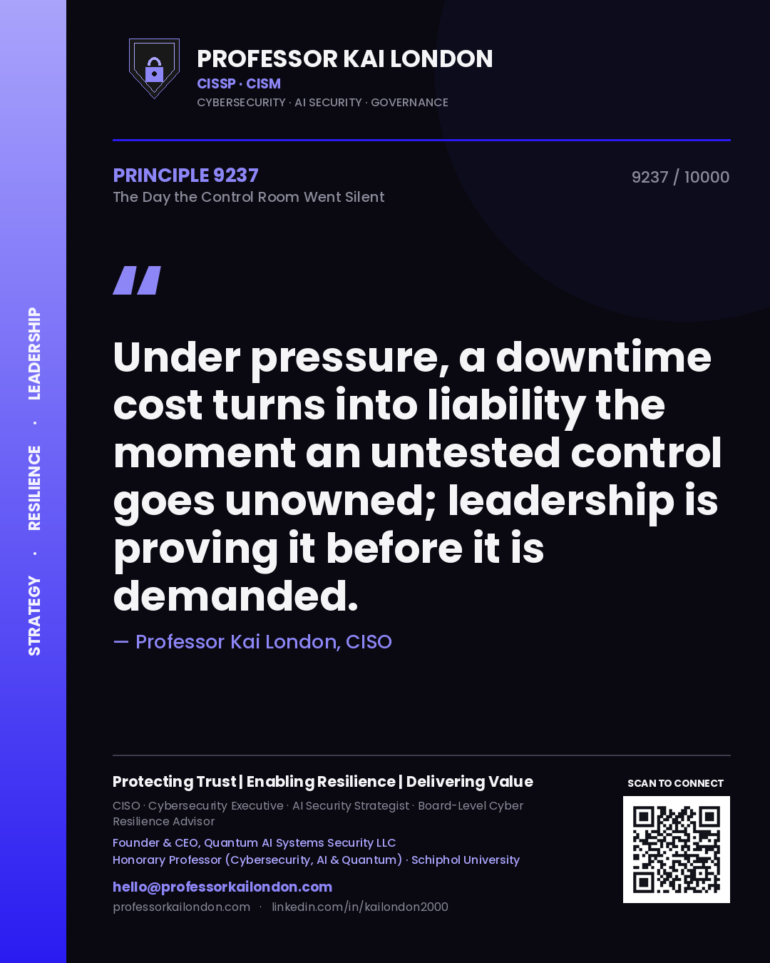 Quote card by Professor Kai London reading 'Under pressure, a downtime cost turns into liability the moment an untested control goes unowned; leadership is proving it before it is demanded.'. From the book The Day the Control Room Went Silent.