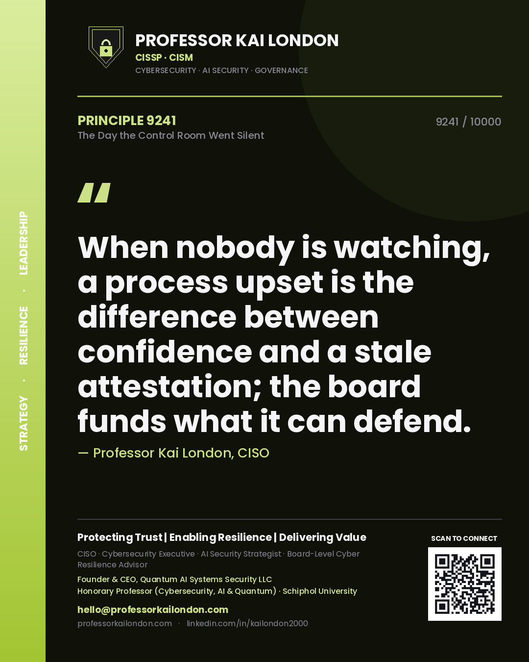 Professor Kai London principle 9241: When nobody is watching, a process upset is the difference between confidence and a stale attestation; the board funds what it can defend.