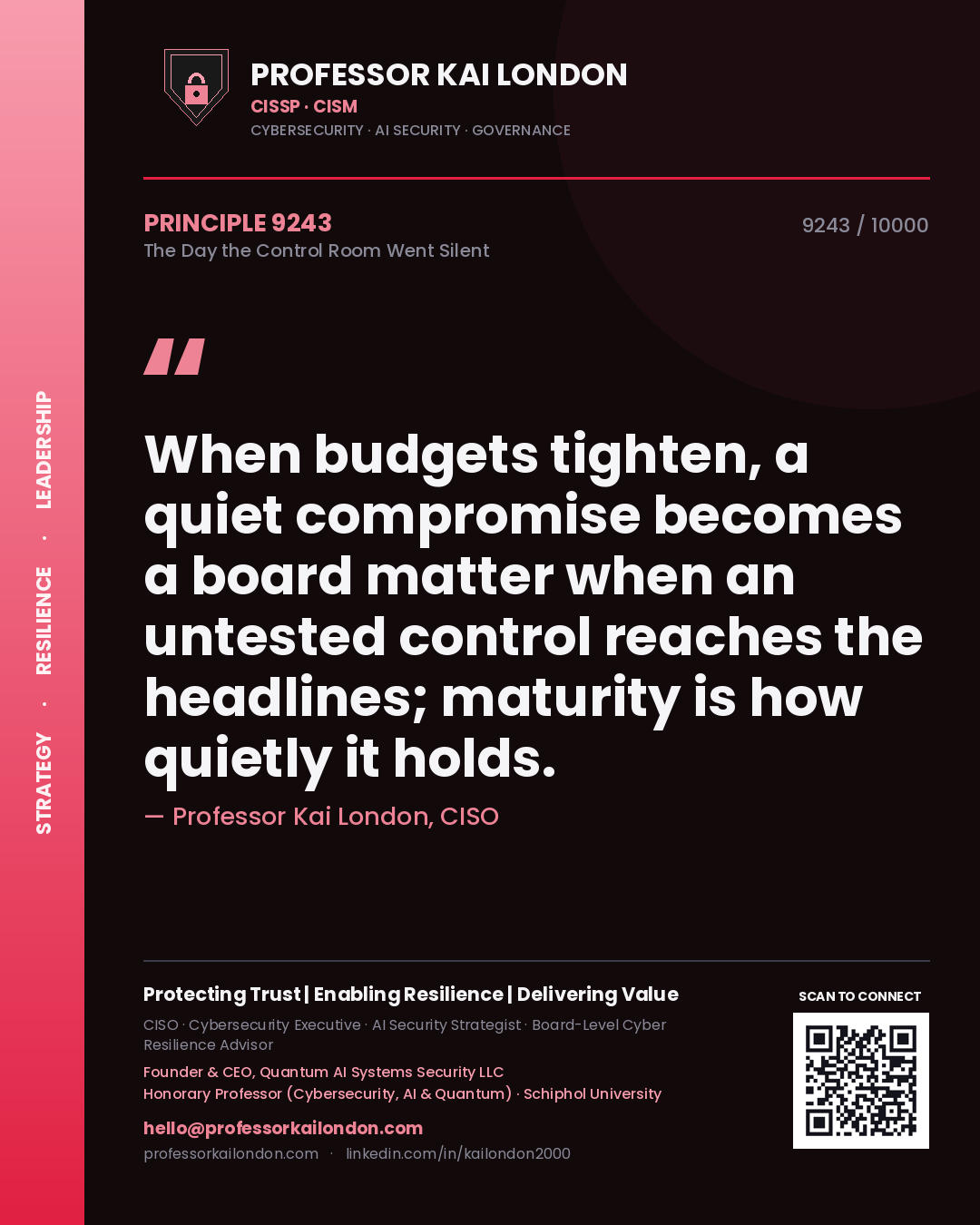Professor Kai London principle 9243: When budgets tighten, a quiet compromise becomes a board matter when an untested control reaches the headlines; maturity is how quietly it holds.