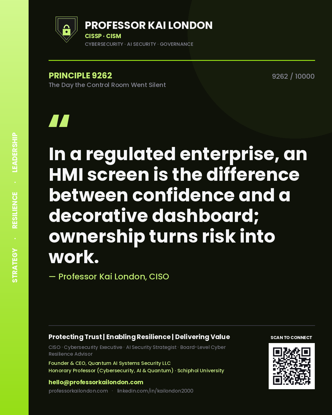 Quote card by Professor Kai London reading 'In a regulated enterprise, an HMI screen is the difference between confidence and a decorative dashboard; ownership turns risk into work.'. From the book The Day the Control Room Went Silent.