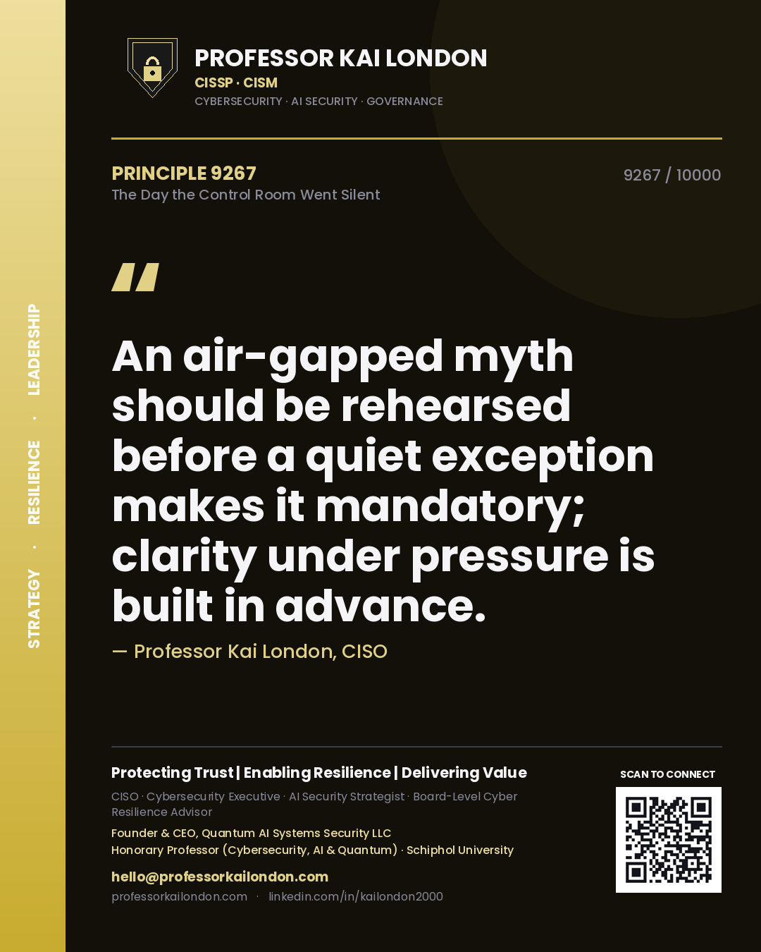 Quote card by Professor Kai London reading 'An air-gapped myth should be rehearsed before a quiet exception makes it mandatory; clarity under pressure is built in advance.'. From the book The Day the Control Room Went Silent.