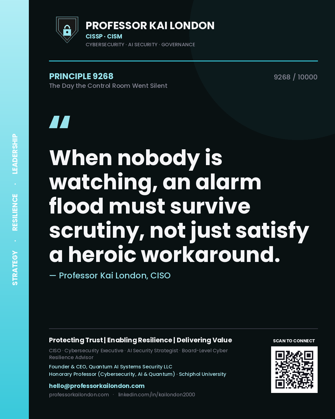 Professor Kai London principle 9268: When nobody is watching, an alarm flood must survive scrutiny, not just satisfy a heroic workaround.