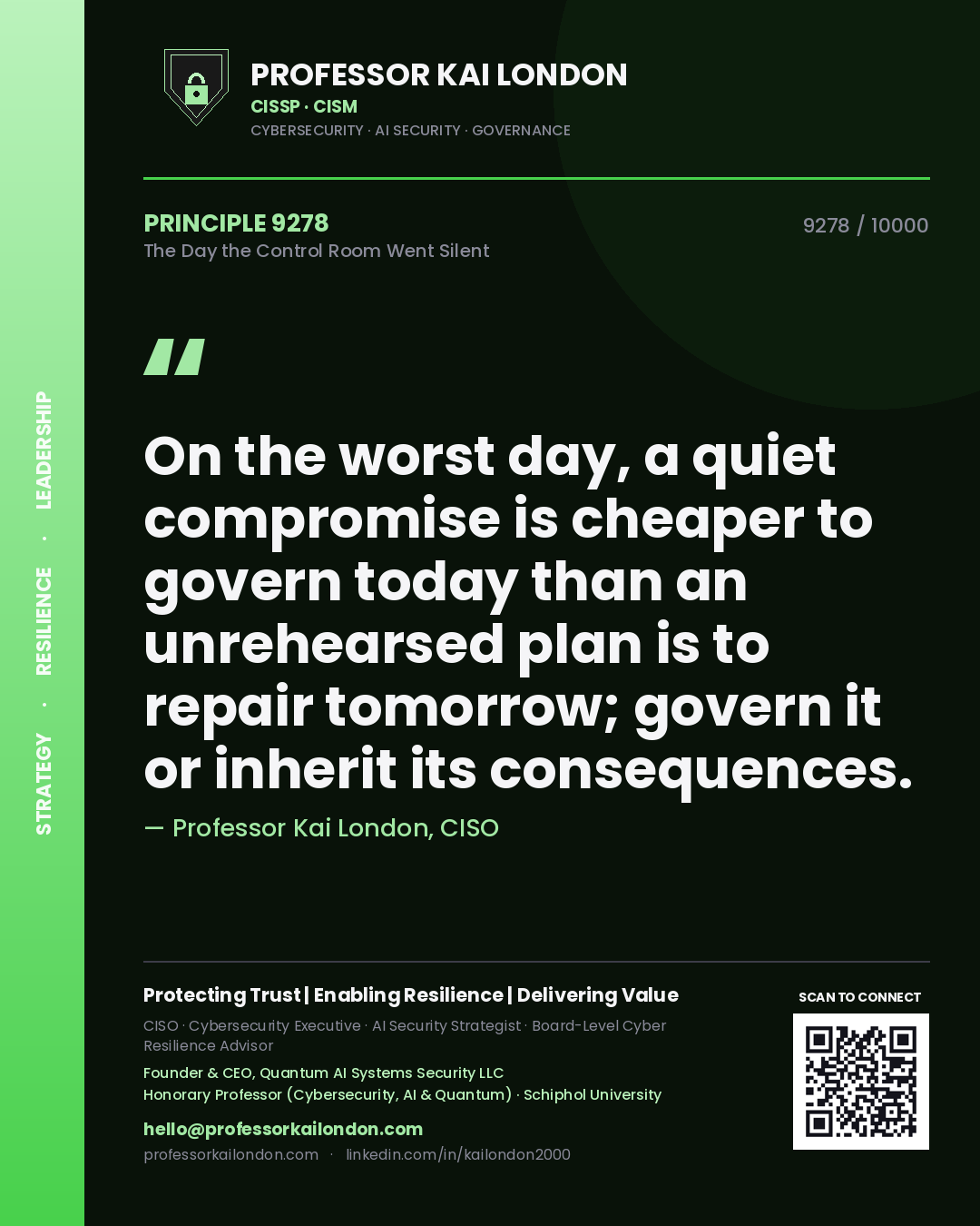 Quote card by Professor Kai London reading 'On the worst day, a quiet compromise is cheaper to govern today than an unrehearsed plan is to repair tomorrow; govern it or inherit its consequences.'. From the book The Day the Control Room Went Silent.