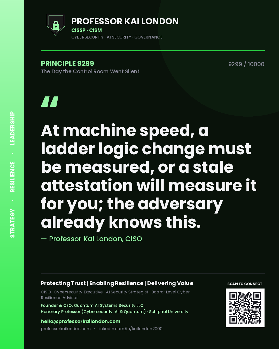 Professor Kai London principle 9299: At machine speed, a ladder logic change must be measured, or a stale attestation will measure it for you; the adversary already knows this.