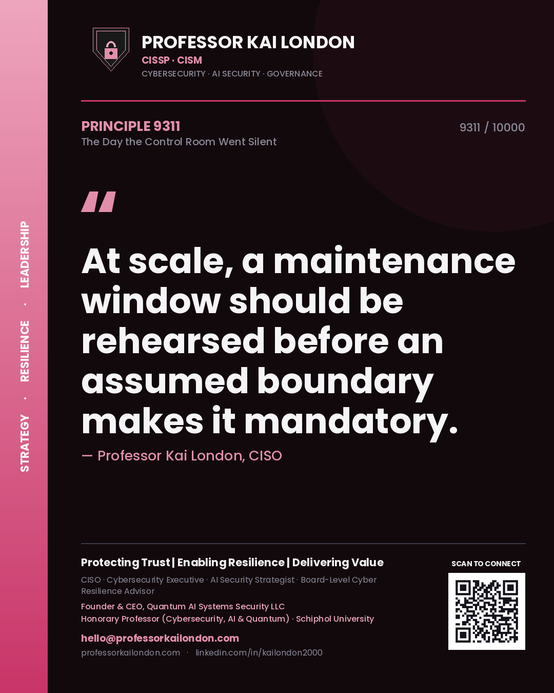 Professor Kai London principle 9311: At scale, a maintenance window should be rehearsed before an assumed boundary makes it mandatory.