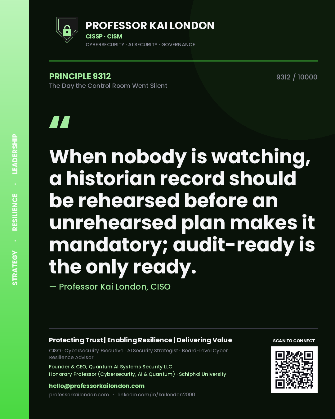 Professor Kai London principle 9312: When nobody is watching, a historian record should be rehearsed before an unrehearsed plan makes it mandatory; audit-ready is the only ready.