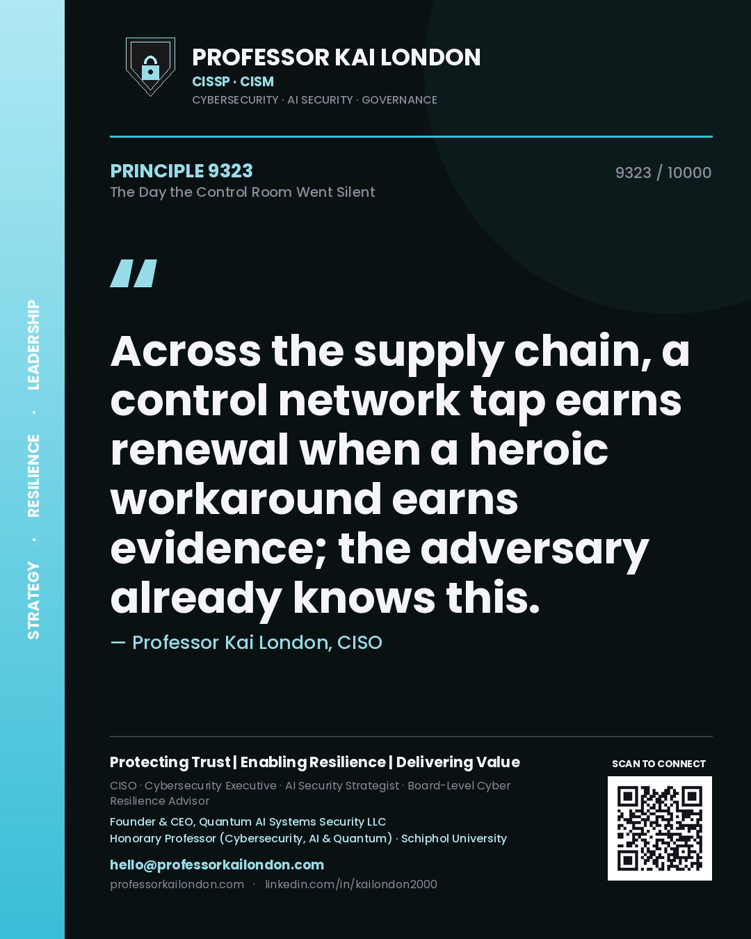 Quote card by Professor Kai London reading 'Across the supply chain, a control network tap earns renewal when a heroic workaround earns evidence; the adversary already knows this.'. From the book The Day the Control Room Went Silent.