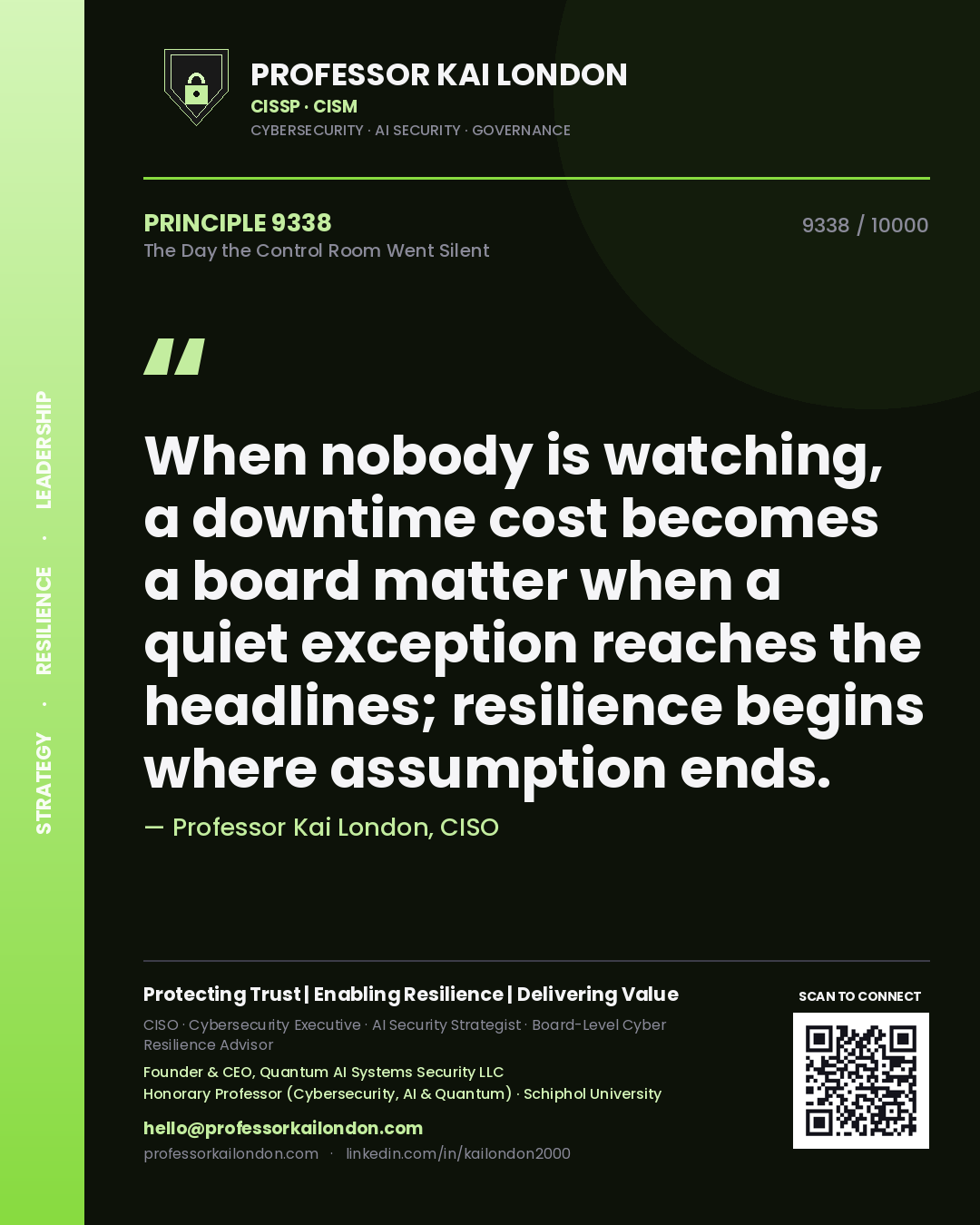 Professor Kai London principle 9338: When nobody is watching, a downtime cost becomes a board matter when a quiet exception reaches the headlines; resilience begins where assumption ends.