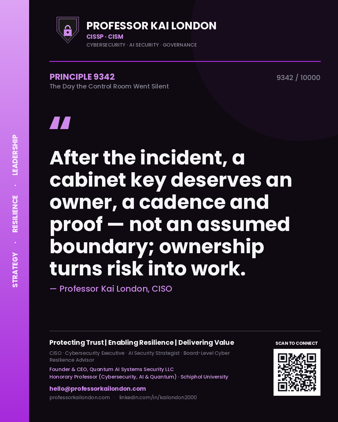 Professor Kai London principle 9342: After the incident, a cabinet key deserves an owner, a cadence and proof — not an assumed boundary; ownership turns risk into work.