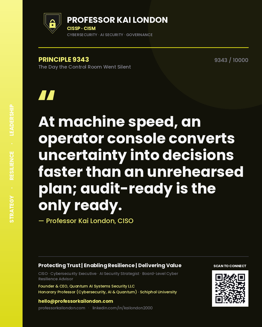 Quote card by Professor Kai London reading 'At machine speed, an operator console converts uncertainty into decisions faster than an unrehearsed plan; audit-ready is the only ready.'. From the book The Day the Control Room Went Silent.