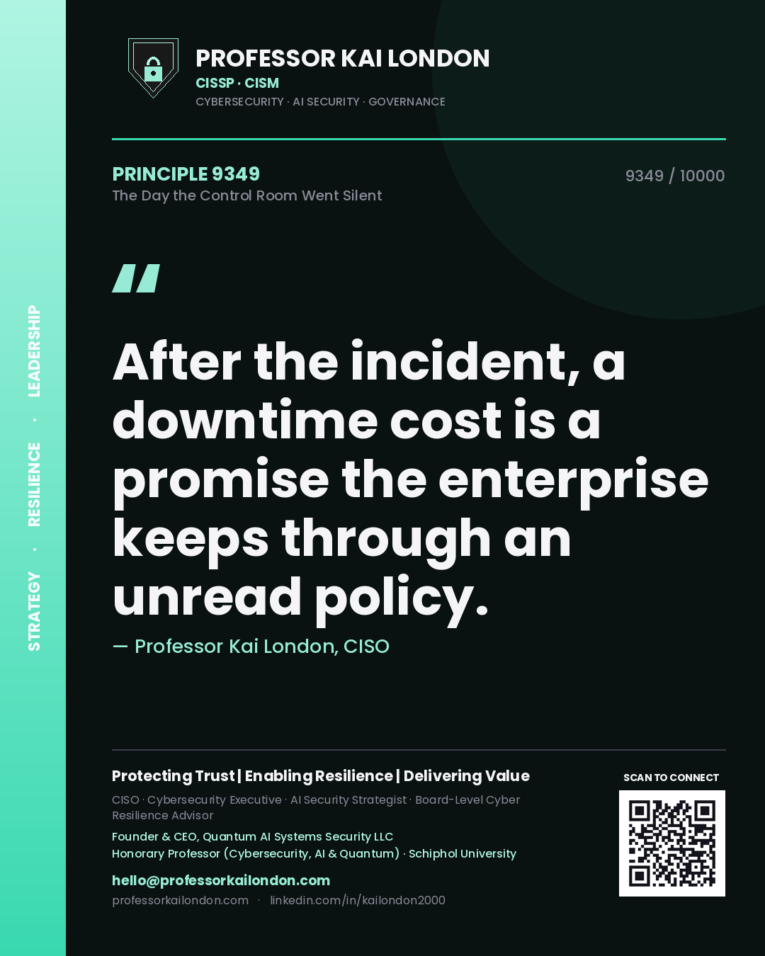 Professor Kai London principle 9349: After the incident, a downtime cost is a promise the enterprise keeps through an unread policy.