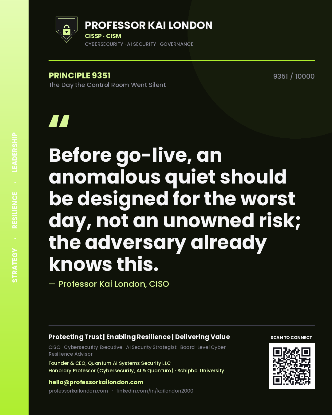 Quote card by Professor Kai London reading 'Before go-live, an anomalous quiet should be designed for the worst day, not an unowned risk; the adversary already knows this.'. From the book The Day the Control Room Went Silent.