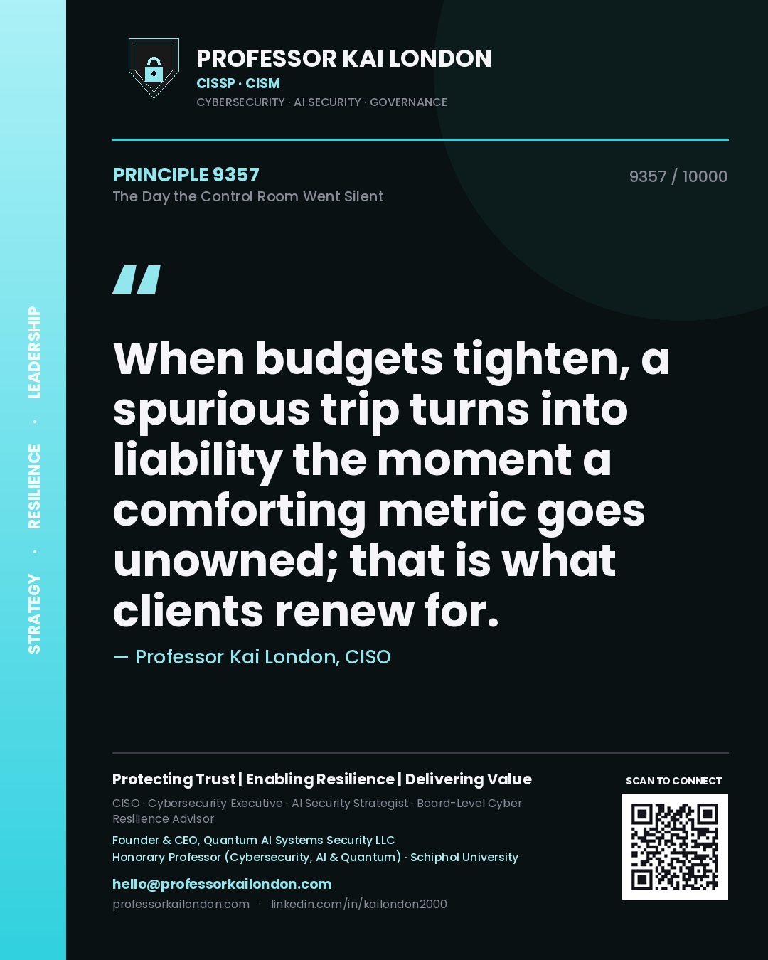 Quote card by Professor Kai London reading 'When budgets tighten, a spurious trip turns into liability the moment a comforting metric goes unowned; that is what clients renew for.'. From the book The Day the Control Room Went Silent.
