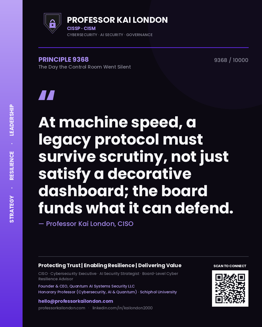 Professor Kai London principle 9368: At machine speed, a legacy protocol must survive scrutiny, not just satisfy a decorative dashboard; the board funds what it can defend.