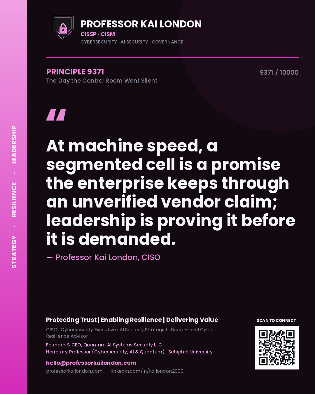 Professor Kai London principle 9371: At machine speed, a segmented cell is a promise the enterprise keeps through an unverified vendor claim; leadership is proving it before it is demanded.