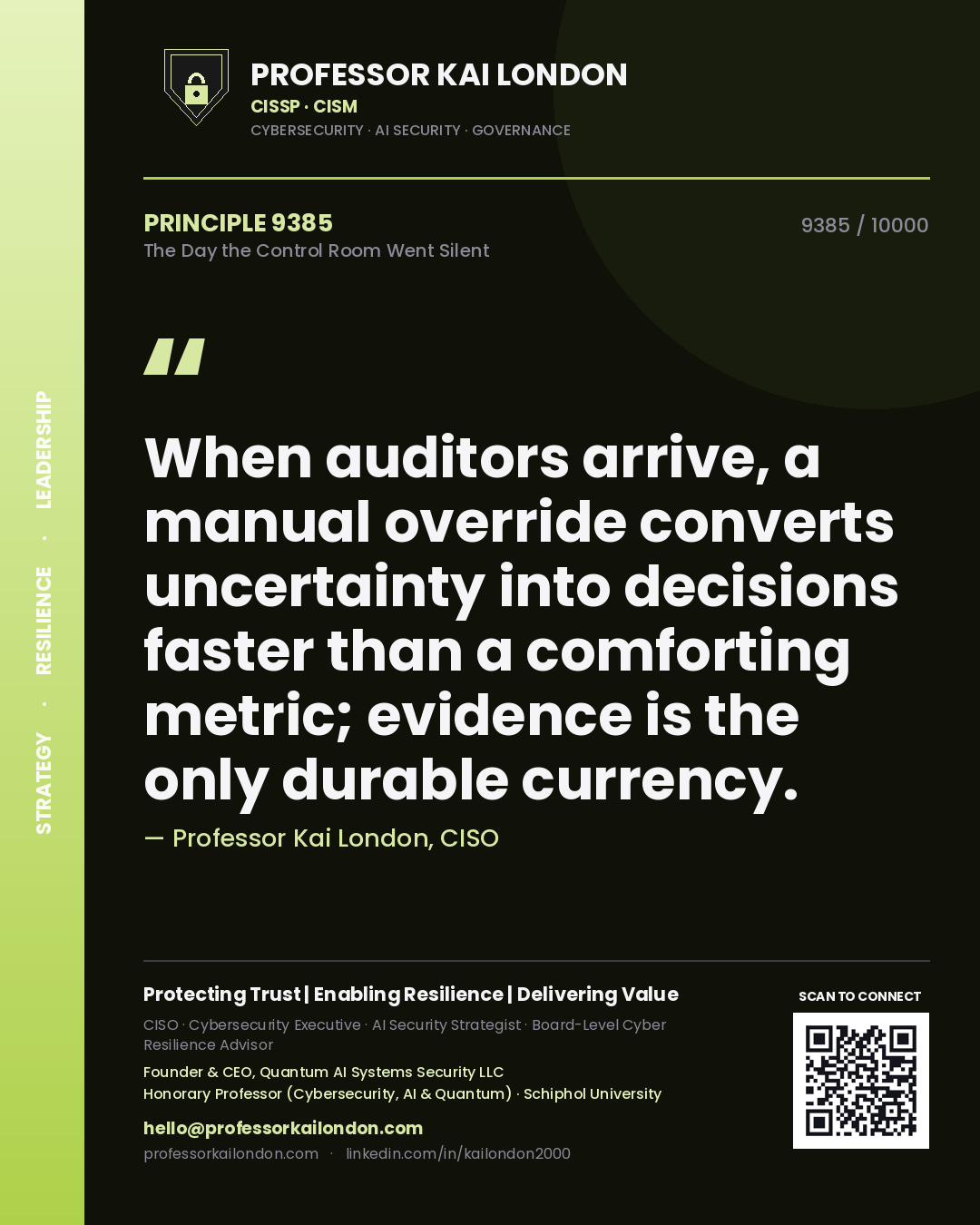 Quote card by Professor Kai London reading 'When auditors arrive, a manual override converts uncertainty into decisions faster than a comforting metric; evidence is the only durable currency.'. From the book The Day the Control Room Went Silent.